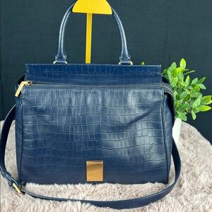 COURONNE Stephanie Classic Croc-Embossed Leather Navy Blue Two-Way Top Handle